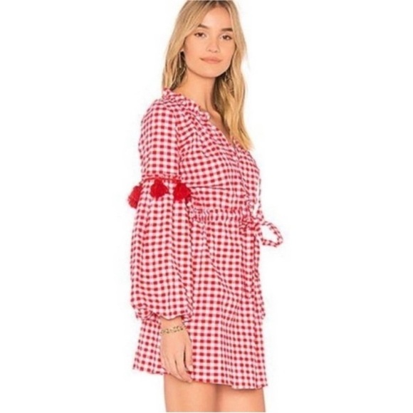 Misa Los Angeles Lissbeth Red White Gingham Plaid Mini Boho Fringe Dress Size S - Picture 1 of 15